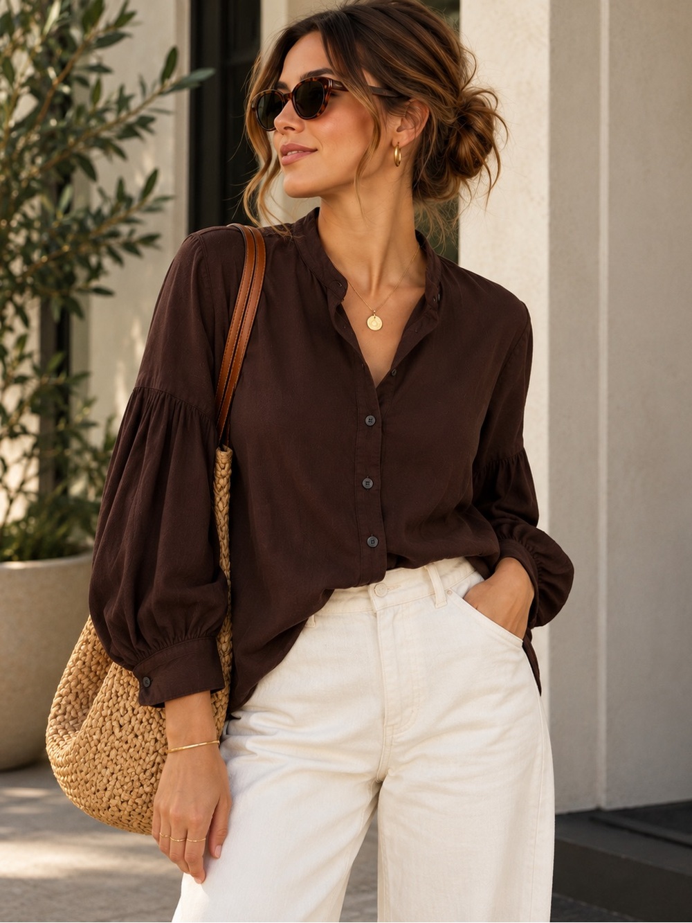 Madewell Chocolate Brown Balloon Sleeve Button Down Blouse M